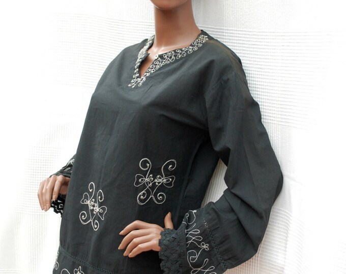Tunique indienne noire brodée fil tunique à manches longues - Etsy France