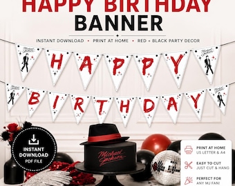 Michael Jackson Geburtstagsbanner | Rot-schwarze Partydeko (Digitaler Download)