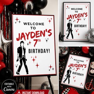 Könnte beinhalten: Ein weißes Schild mit rotem Text, der "WELCOME TO JAYDEN'S 7TH BIRTHDAY!" lautet, wird auf einer Staffelei präsentiert. Das Schild zeigt eine Silhouette einer Person und rote Sternchen-Akzente. Die Wörter "EDITABLE WITH Canva" und "INSTANT DOWNLOAD" sind ebenfalls sichtbar.