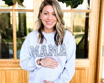 Mama Embroidered Blue Floral Applique Sweatshirt  | Simple Mama Pullover, Gift for Mom, Personalized Mama Shirt