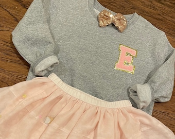Youth Single Initial Monogrammed Chenille Patch Applique Sweatshirt  | Little Kids Glitter Patch Pullover, SEWN ON