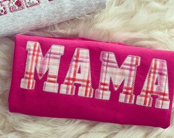Mama Brodé Rose Plaid Applique Sweat-shirt | Simple Mama Pullover, cadeau pour maman, Hot Pink Valentines MAMA
