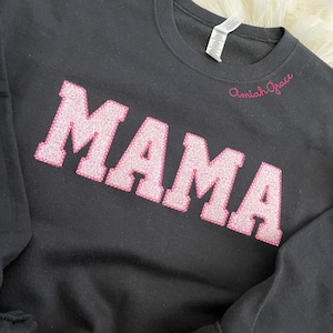 Mama Embroidered Pink Floral Applique Sweatshirt With Children Name  | Mama Pullover with Baby Name Collar, Gift for Mom, Mama Shirt
