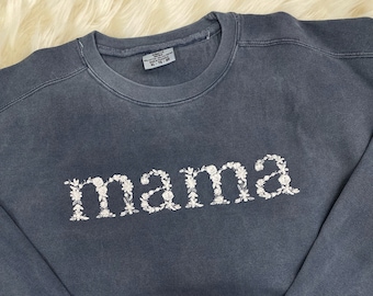 Comfort Colors Mama DENIM Embroidered Floral Sweatshirt | Simple Mama Pullover, Gift for Mom, Personalized Floral Mama Crewneck