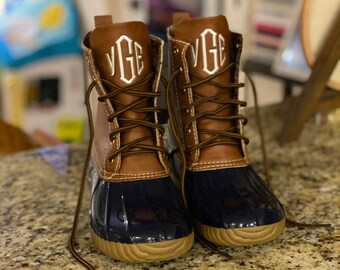 Monogrammed Women’s Duck Boots, Personalized Waterproof Shoes, Embroidered Colored Lace Up Leather Shoes, Brown, Navy, Pink, Teal, Leopard