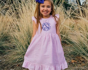 Monogrammed Seersucker Ruffle Dress | Personalized LTC Girl Clothing Outfit | Monogrammed Girls Dress