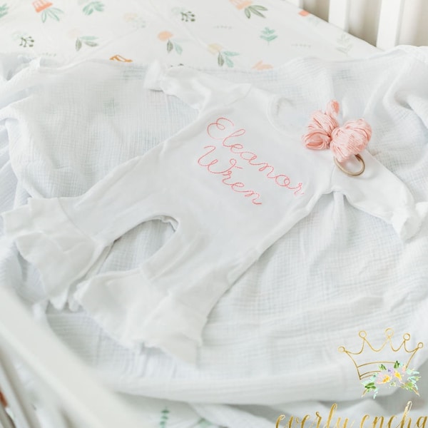 Monogrammed Baby Girl White Ruffle Romper | Personalized Baby Coming Home Outfit | Monogrammed Baby Gift