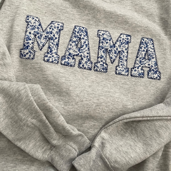 Mama Embroidered Blue Floral Applique Sweatshirt  | Simple Mama Pullover, Gift for Mom, Personalized Mama Shirt