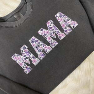 Comfort Colors Pepper Mama Embroidered Purple Floral Applique Sweatshirt  | Simple Mama Pullover, Gift for Mom, Personalized Mama Shirt,