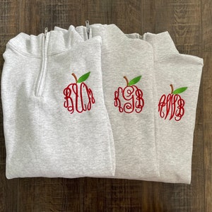 Apple Teacher Monogram Embroidered Quarter Zip  | Ladies Personalized Teacher Apple Pullover | Teacher Gift for Teacher Sweatshirt