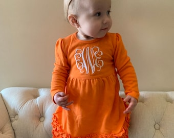 Girls Tennessee Orange Monogrammed Ruffle Trim Dress | White Monogrammed Ruffled Long Sleeve Dress | Monogrammed Tennessee Girls Dress