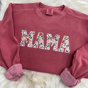 Comfort Colors Mama Embroidered Fall Floral Applique Sweatshirt  | Simple Mama Pullover, Gift for Mom, Personalized Fall Floral