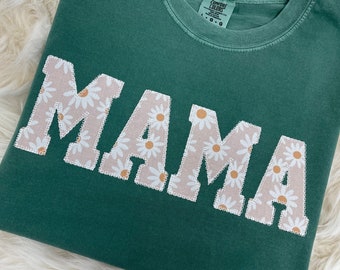 Comfort Colors Mama Embroidered Daisy Applique Short Sleeve Shirt  | Simple Mama Top, Gift for Mom, Personalized Mama Shirt