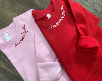 Toddler/Youth Embroidered Valentine's Day Sweatshirt | Little Kids Name on Collar Hearts Crewneck Pullover