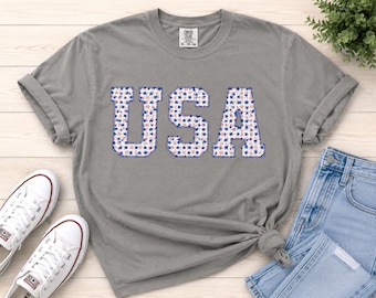 Comfort Colors USA Embroidered  Applique Short Sleeve Shirt  | Simple USA Top, America, 250, Personalized USA Shirt