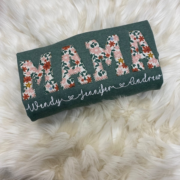 Mama Embroidered Fall Floral Applique Sweatshirt With Children Name  | Mama Pullover with Baby Name, Gift for Mom, Mama Shirt