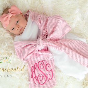 Monogrammed Seersucker Swaddle Wrap Blanket and Sash | Personalized Baby Coming Home Outfit | Monogrammed Bow Baby Gift