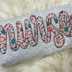 Nurse Embroidered Applique Sweatshirt  | Simple Nursing Pullover, Gift for Medical Field, Personalized RN Shirt Crewneck