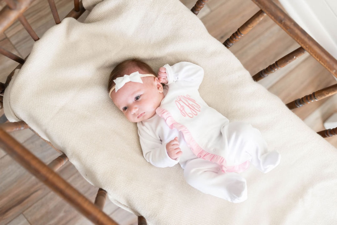 Baby Girl Monogrammed Ruffled Footie Sleeper Embroidered Monogram