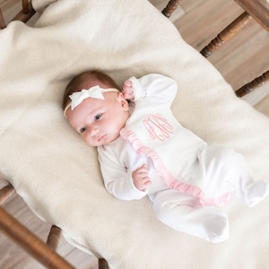 Baby Girl Monogrammed Ruffled Footie Sleeper | Embroidered Monogram Ruffled Footie | Monogrammed Baby Girl Coming Home Outfit