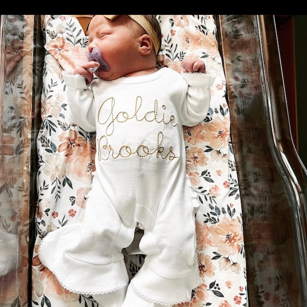 Monogrammed Baby Girl White Ruffle Romper | Personalized Baby Coming Home Outfit | Monogrammed Baby Gift