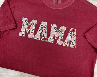Comfort Colors Mama Embroidered Fall Floral Applique Short Sleeve Shirt  | Simple Mama Top, Gift for Mom, Personalized Mama Shirt