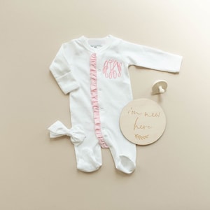 Baby Girl Monogrammed Ruffled Footie Sleeper | Embroidered Monogram Ruffled Footie | Monogrammed Baby Girl Coming Home Outfit