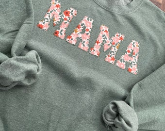 Mama Embroidered Floral Applique Sweatshirt  | Simple Mama Pullover, Gift for Mom, Green Sweatshirt Fall Floral