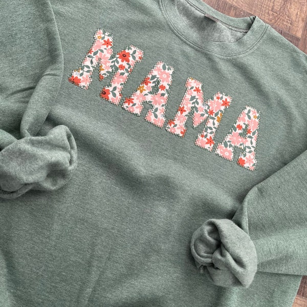 Mama Embroidered Floral Applique Sweatshirt  | Simple Mama Pullover, Gift for Mom, Green Sweatshirt Fall Floral