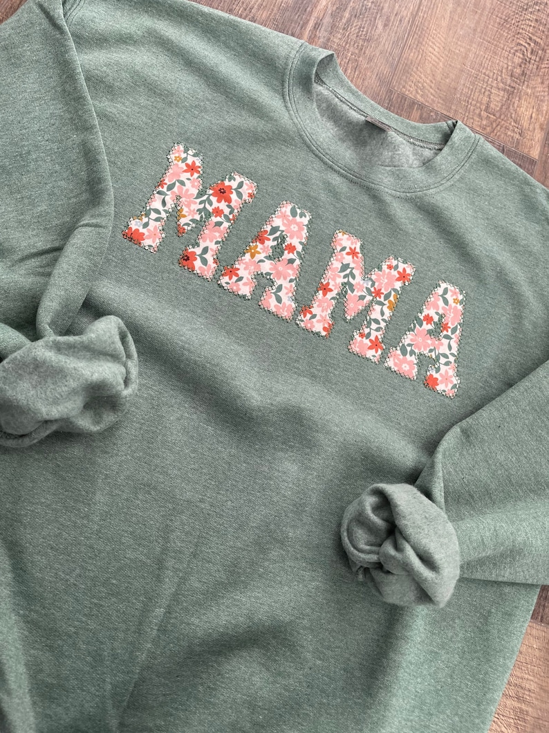 Mama Embroidered Floral Applique Sweatshirt  | Simple Mama Pullover, Gift for Mom, Green Sweatshirt Fall Floral 