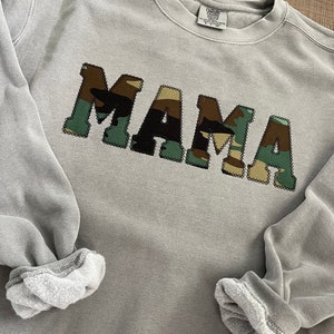 Comfort Colors Mama Embroidered Camo Applique Sweatshirt  | Simple Mama Pullover, Gift for Mom, Personalized Mama Shirt