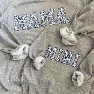 Mama and Me Embroidered Blue Floral Applique Sweatshirt  | Simple Mama Pullover, Gift for Mom, Personalized Mama Shirt