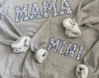 Mama and Me Embroidered Blue Floral Applique Sweatshirt  | Simple Mama Pullover, Gift for Mom, Personalized Mama Shirt
