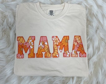 Comfort Colors Mama Embroidered Retro Applique Short Sleeve Shirt  | Simple Mama Top, Gift for Mom, Personalized Mama Shirt