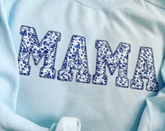 Comfort Colors Mama Embroidered Blue Floral Applique Sweatshirt  | Simple Mama Pullover, Gift for Mom, Personalized Mama Shirt