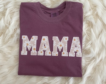 Comfort Colors Mama Embroidered Daisy Applique Berry Short Sleeve Shirt  | Simple Mama Top, Gift for Mom, Personalized Mama Shirt