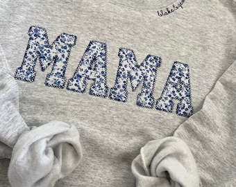 Mama Embroidered Blue Floral Applique Sweatshirt With Children Name  | Mama Pullover with Baby Name Collar, Gift for Mom, Mama Shirt