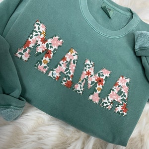 Comfort Colors Mama Embroidered Fall Floral Applique Sweatshirt  | Simple Mama Pullover, Gift for Mom, Personalized Light Green Fall Floral
