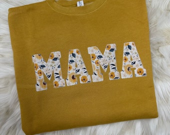 Bella Canvas Mama Embroidered Sunflower Florla Applique Sweatshirt  | Simple Mama Top, Gift for Mom, Personalized Mama Crewneck