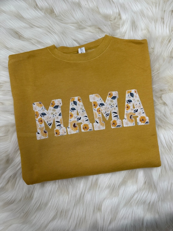 Bella Canvas Mama Embroidered Sunflower Florla Applique Sweatshirt  | Simple Mama Top, Gift for Mom, Personalized Mama Crewneck