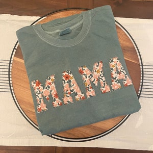 Comfort Colors Mama Embroidered Fall Floral Applique Short Sleeve Shirt  | Simple Mama Top, Gift for Mom, Personalized Mama Shirt