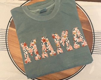 Comfort Colors Mama Embroidered Fall Floral Applique Short Sleeve Shirt  | Simple Mama Top, Gift for Mom, Personalized Mama Shirt