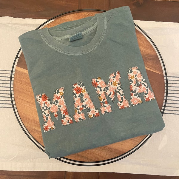 Comfort Colors Mama Embroidered Fall Floral Applique Short Sleeve Shirt  | Simple Mama Top, Gift for Mom, Personalized Mama Shirt