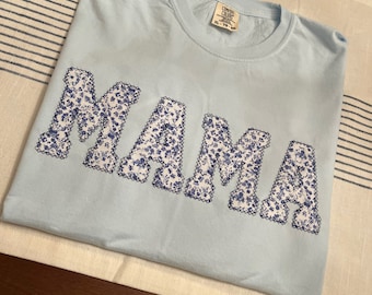 Comfort Colors Mama Embroidered Blue Floral Applique Short Sleeve Shirt  | Simple Mama Top, Gift for Mom, Personalized Mama Shirt