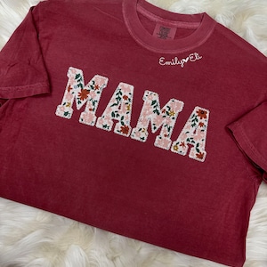 Comfort Colors Mama Embroidered Fall Floral Applique Short Sleeve Shirt with Children’s Names  | Simple Mama Top, Gift for Mom, Personalized
