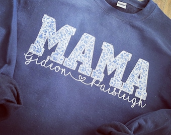 Mama Embroidered Blue Floral Applique Sweatshirt With Children Name  | Mama Pullover with Baby Name, Gift for Mom, Mama Shirt