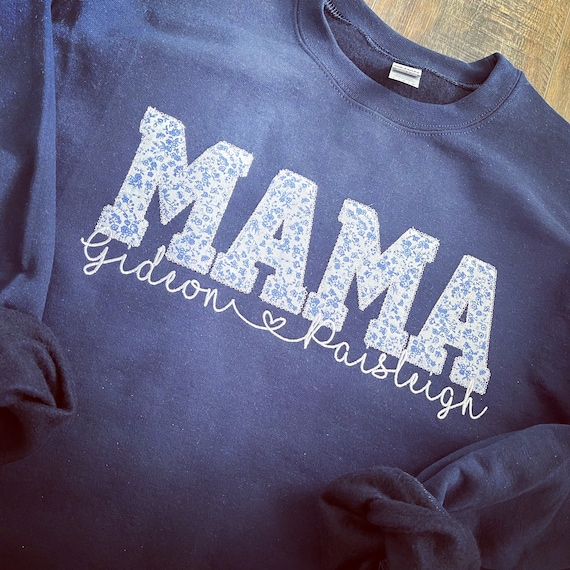 Mama Embroidered Blue Floral Applique Sweatshirt With Children