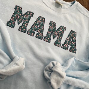 Comfort Colors Mama Embroidered Teal Floral Applique Sweatshirt  | Simple Mama Pullover, Gift for Mom, Personalized Mama Shirt
