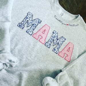 Mama Embroidered Pink and Blue Floral Applique Sweatshirt  | Simple Mama Pullover, Gift for Mom, Personalized Mama Shirt