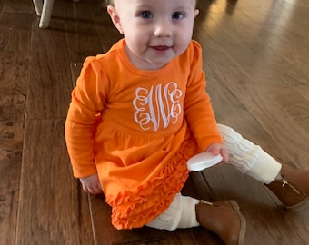 Girls Tennessee Orange Monogrammed Ruffle Trim Dress | White Monogrammed Ruffled Long Sleeve Dress | Monogrammed Tennessee Girls Dress